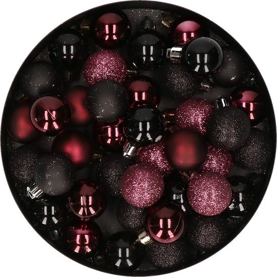 Kerstballen mix - Set van 40x stuks - kunststof - zwart en aubergine - Dia 3 cm - Kerstversiering - kleine balletjes voor mini boompjes