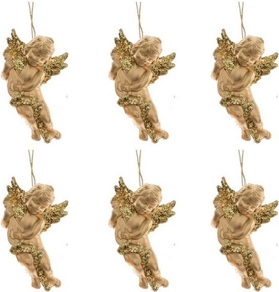 Decoris engel met lute - 6x - goud - kunststof - 10 x 6 cm - kerstversiering - hangdecoratie