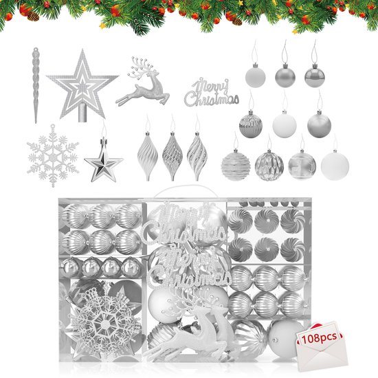 108 Stuks Kerstballen Kleine Kerstboomballen Kunststof Met Hangaanbeker Kerstdecoratie Ballen Kerstversiering Decoratie Kerstboomversiering, Zilver
