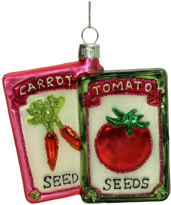 HD Collection – Glazen Kerstornament Hanger – Tomaten & Wortel Zaadjes in Zak – 9,3 cm – Unieke Sfeervolle Kerstdecoratie