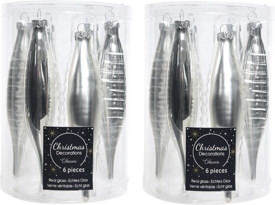 Decoris kerstbal pegels - 12x - zilver - D15 cm - glas - kersthangers - ijspegels - kerstversiering