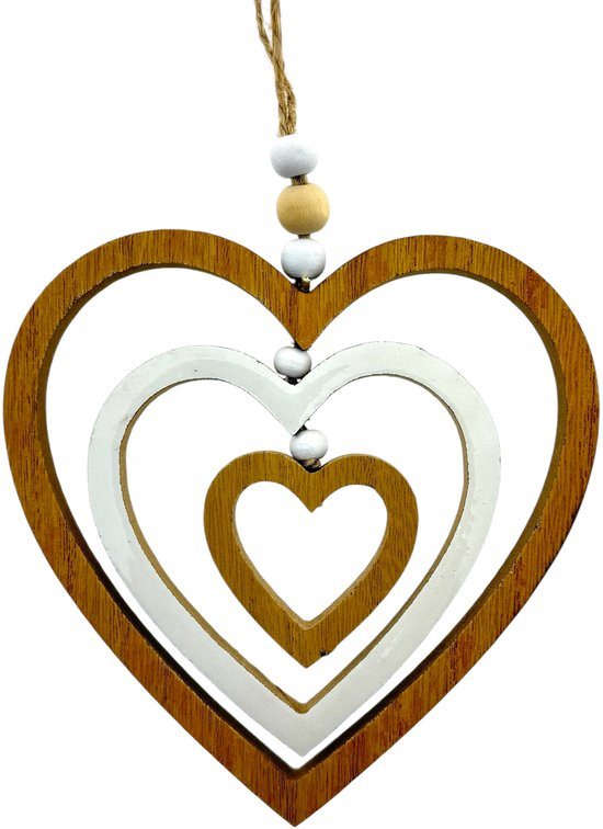 Houten Hanger Hart – 13,5 cm – Natuurlijke Houtkleur & Wit – FSC Hout