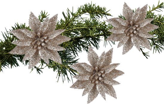House of Seasons Kerstboom bloemen op clip - 3x stuks - champagne - kunststof - kerstornamenten