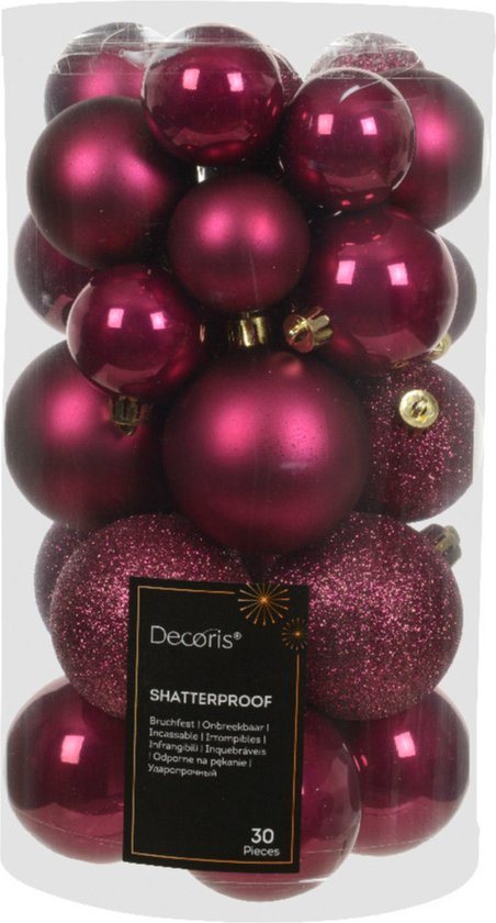 Decoris kerstballen - 30x stuks - 4, 5 en 6 cm - donkerroze -kunststof -kerstversiering