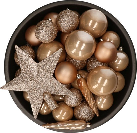 Decoris kerstballen set - 34-dlg - toffee bruin - incl. piek - kunststof - kerstversiering