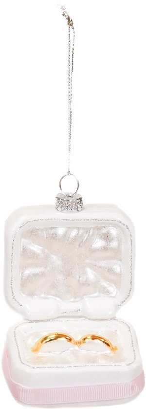 Housevitamin Kersthanger Trouw Ringen in Doosje – Glas Roze/Wit/Goud – 6,5x4,5x11 cm – Romantische Glazen Kerstbal – Verloving & Huwelijk Kerstversiering