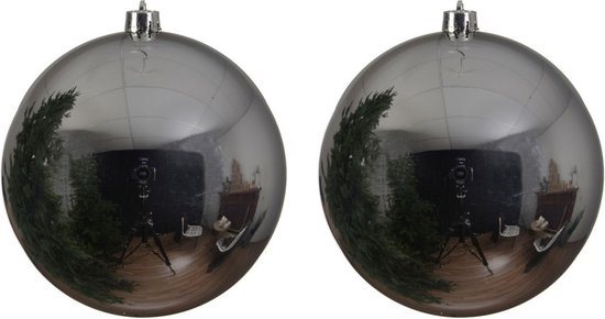 Decoris grote kerstbal - 2x - zilver - glans - kunststof - 14 cm - onbreekbaar - kerstversiering - kerstboomversiering
