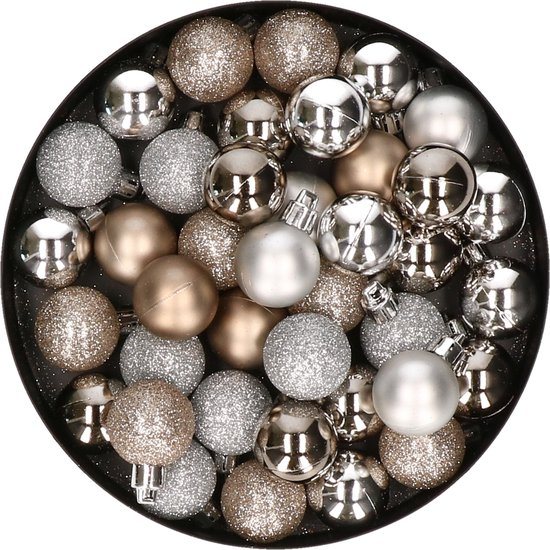 Kerstballen mix - Set van 40x stuks - kunststof - champagne en zilver - Dia 3 cm - Kerstversiering - kleine balletjes voor mini boompjes