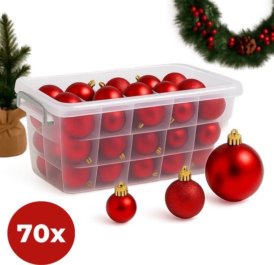 Lomera Kerstballen Set - Rode Kerstballen - Kunststof Kerstballen - Opbergbox - Mat Glanzend Glitter - Verschillende Uitvoeringen - Kerstboom Versiering - Kerstdecoratie - 70 Stuks - Afsluitbaar Deksel - Kerstversiering Rood - Diverse Maten