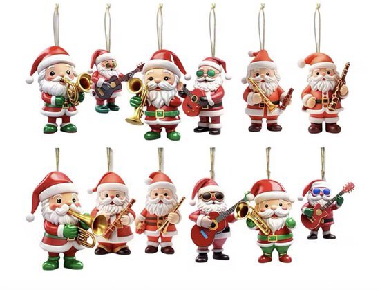 Without Lemon - Set van 12 - Kerstman met Instrument Ornament - Kerst Hangers - Kerst Versieringen - Kerstboom Versiering - 2D/Plat - Acryl
