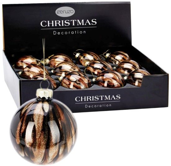 Ceruzo Glazen Kerstballen – Set van 12 – Glanzend 8 cm – Bruin Goud Zwart Glitter Onder Glas