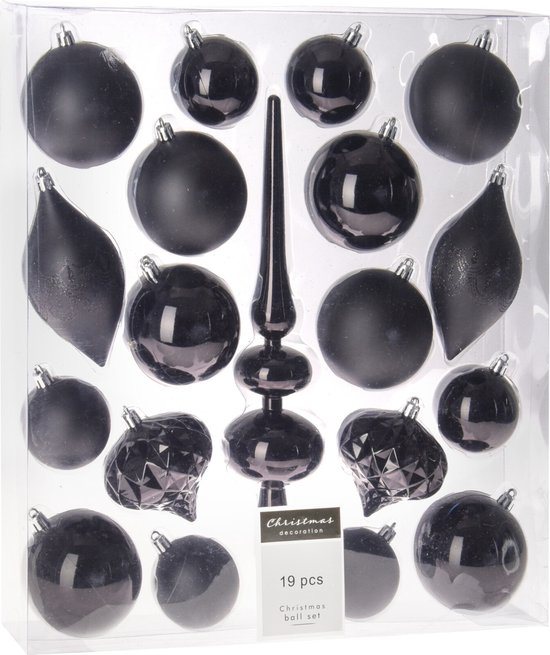 H&S Kerstballen met piek - 19st - kunststof - zwart - 6-8-13 cm