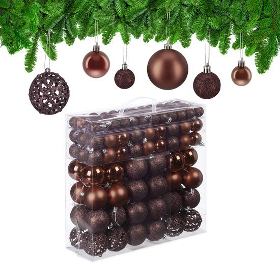 kerstballen - set van 150 - mat - glanzend - glitters - plastic - ∅ 3, 4, 6 cm - bruin