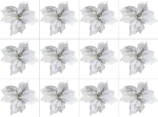 12 stuks - 21 cm - Kerstboom Bloemen - kerstboom decoratie - kerstbloemen - Kunstbloemen - plastic - wit - met clips - voor kerstboom, winter feest, bruiloft, nieuwjaar decoratie