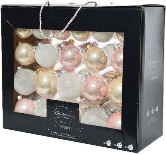 Kerstballen pakket met 42x stuks kerstballen van glas - 5-6-7 cm lichtroze (blush)/parel/wit