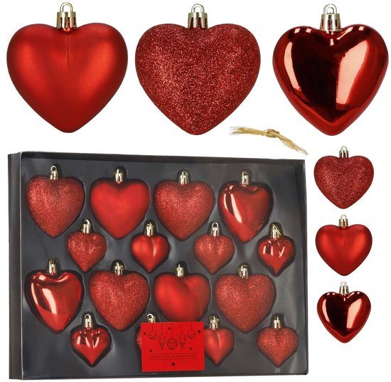Springos Kerstballen | 16 Stuks | 5/6/7 cm | Rood | Hartjes