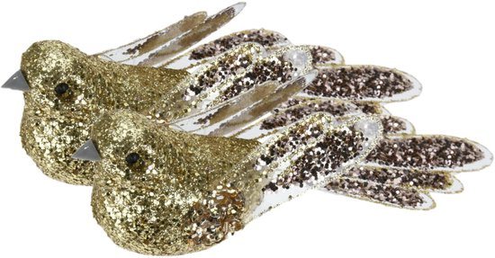 Kerstboomversiering Vogel - 2x stuks - 10 cm - Goud glitter - op clip - ornament