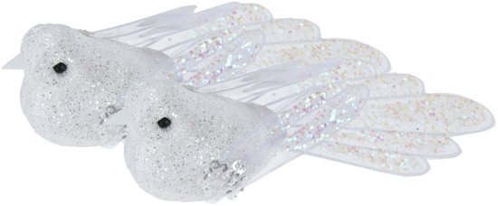 Kerstboomversiering Vogel - 2x stuks - 10 cm - Wit glitter - op clip - ornament