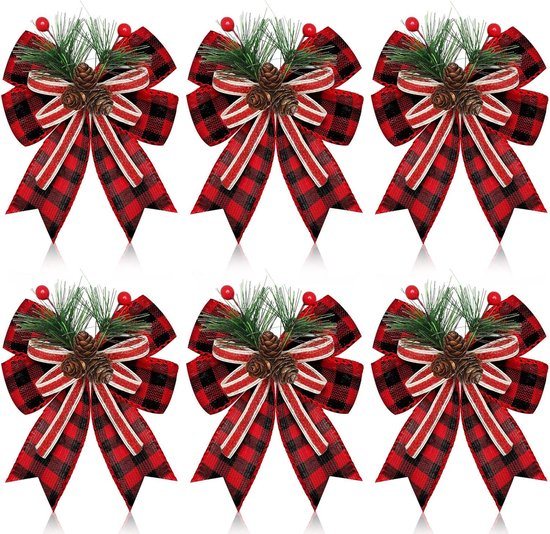 6 Stuk Rood Kerststrikken - Geruite Lintstrikken met Dennenappels - Geruite Strikken - Kerst Decoratie Strikjes - Kerstversiering - Kerstboom Decoratie - Kerststrikjes - Kerstsfeer - Christmas - Voor Kerstfeest, Kerstboom, Binnen, Knutselen