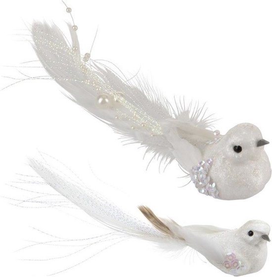 Christmas Decoration kersthangers - 2x - wit - vogeltje - op clip - 16,5 cm - kunststof - kerstversiering