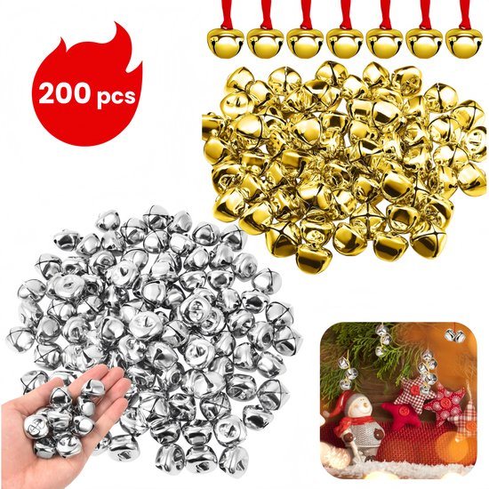 200 stuks - Kerstklokken - Kerstklokjes - Metalen Bellen - Mini Bellen - Slee Bellen -Kerstboom Ornamenten - Feestdecoraties - Geschikt voor DIY Ambachten, Armbanden, Bruiloftsdecoraties, Kerstmis, Nieuwjaar - Zilver、Goud -12mm