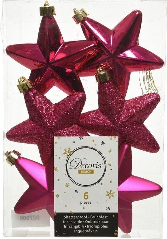 6x Bessen roze sterren kerstballen/kersthangers 7 cm - Glans/mat/glitter - Kerstboomversiering bessen roze