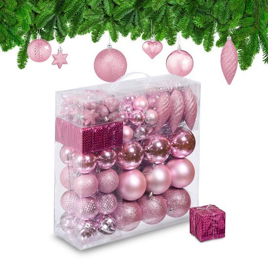 kerstballen - set van 110 - met slinger - plastic - onbreekbaar - roze