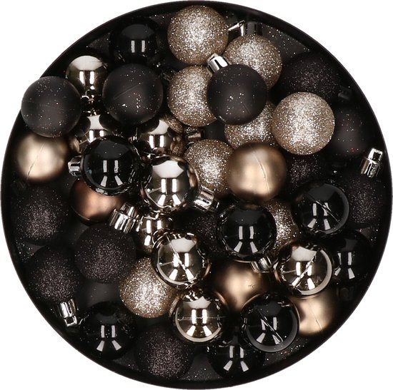 Kerstballen mix - Set van 40x stuks - kunststof - zwart en champagne - Dia 3 cm - Kerstversiering - kleine balletjes voor mini boompjes