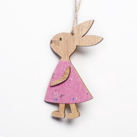 Schattige houten konijn paasdecoratie - Paastakkken | Konijn hout - hanger | Rose jurkje - Meisje - Girl | Decoratie kinderkamer - Versiering | Geboorte - Baby - Babyshower - Meisje | Guirlande - Banner | Pasen - Paashaas – Haas | Set van 2 stuks