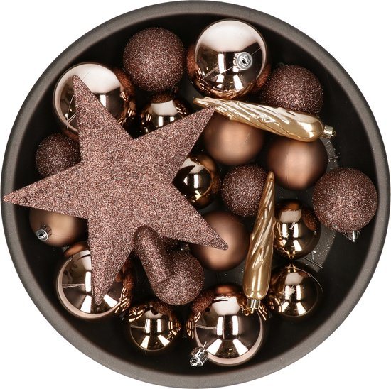 Decoris kerstballen set - 34-dlg - walnoot bruin - incl. piek - kunststof - kerstversiering
