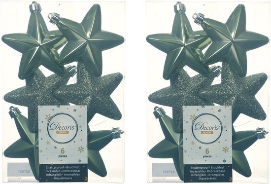 Decoris kersthanger sterren - 12x st - mosgroen - 7 cm - kunststof - kerstornamenten - kerstversiering