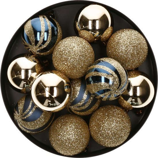 Atmosphera Kerstballen - 12st - kunststof - goud-blauw - 4cm