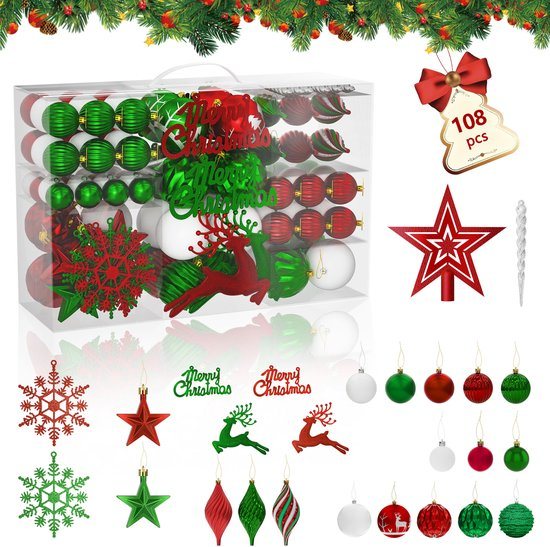 108 stuks kleine kerstballen, kunststof kerstboomversieringen met hangers, kerstversiering, ballen, kerstversieringen, decoratieve kerstboomversieringen, rood-groen