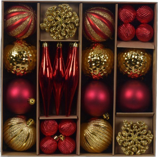 Decoris Kerstballen en ornamenten set -46-delig - rood/goud -kunststof - kerstversiering