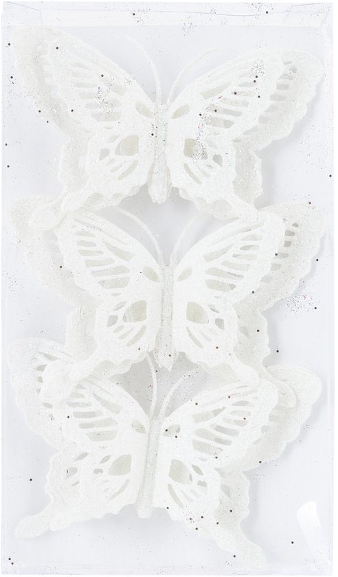 Kerstboomversiering Vlinder - 3x stuks - 14 cm - wit glitter - op clip