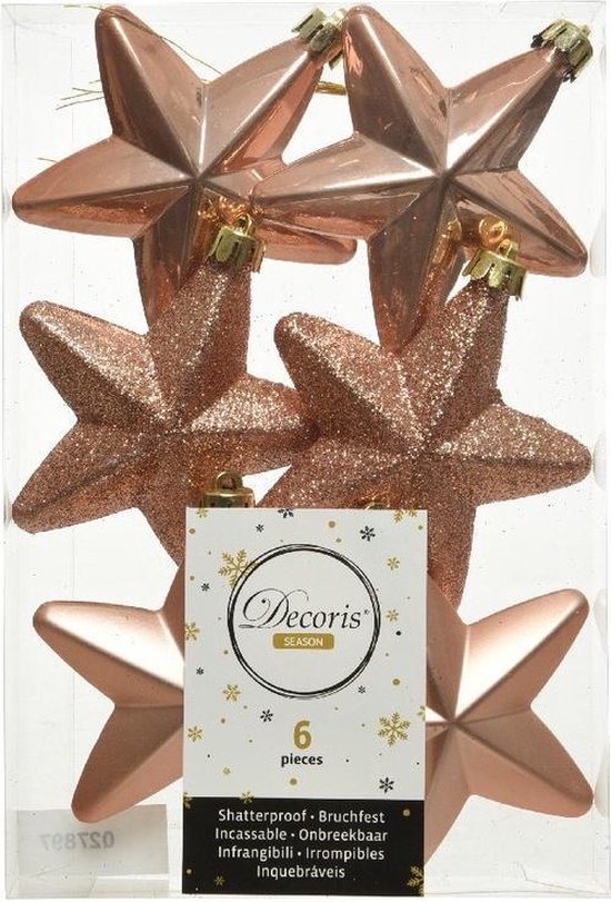 6x Zacht terra bruine sterren kerstballen/kersthangers 7 cm - Glans/mat/glitter - Kerstboomversiering zacht terra bruin