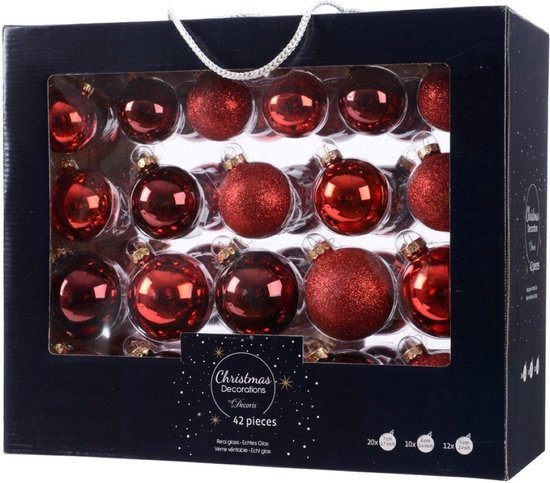Decoris Kerstballen - 42x - rood - 5-6-7 cm - glas - mat/glans/glitter - kerstversiering - Kerstboomversiering