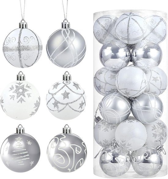 24 Stuks Kerstballen, Plastic Zilveren Kerstboomdecoraties, 6 cm, Versieringen voor Kerstfeest en Thuisdecoratie
