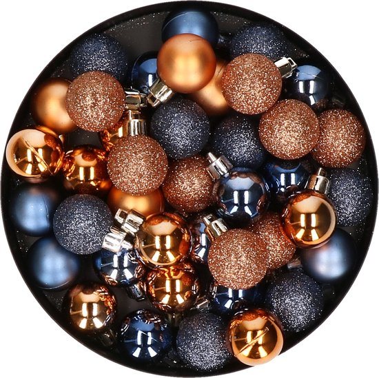 Kleine kerstballen - 40x st - koper/donkerblauw - D3 cm - kunststof - kerstversiering