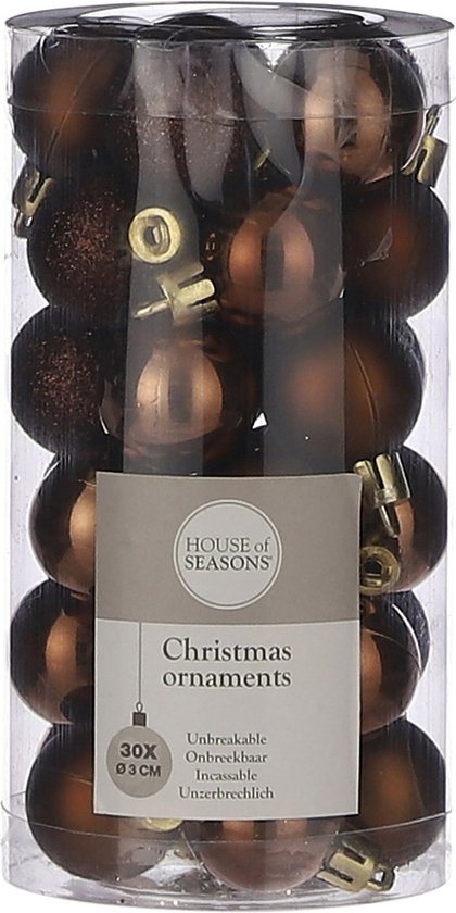 Kleine kunststof kerstballen pakket kastanje bruin 3 cm - 30 stuks kastanje bruine mini kerstballen