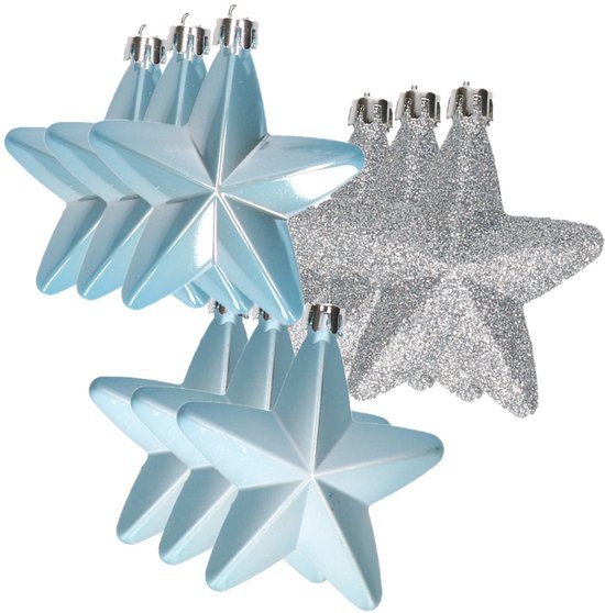 Decoris kersthanger sterren - 12x st - lichtblauw - 7 cm - kunststof - kerstornamenten - kerstversiering