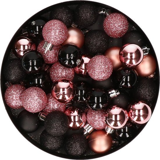Kerstballen mix - Set van 40x stuks - kunststof - zwart en roze - Dia 3 cm - Kerstversiering - kleine balletjes voor mini boompjes