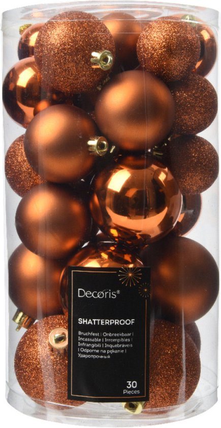 Decoris kerstballen - 30x stuks - 4, 5 en 6 cm - koper/cognac bruin -kunststof -kerstversiering