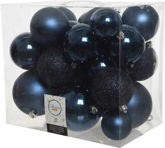 Decoris Kerstballen - 26x st - donkerblauw - 6-8-10 cm - kunststof - kerstversiering