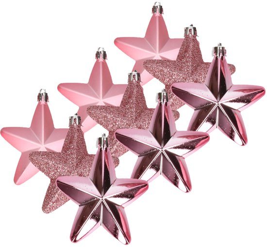Decoris kersthanger sterren - 12x st - lippenstift roze - 7 cm - kunststof - kerstornamenten