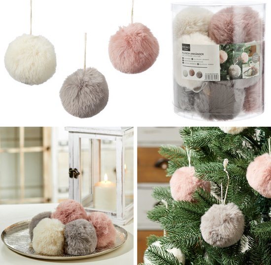 12 Fluffy pluche kerstballen in nepbont in pastelkleuren - grijs, roze en beige - Ø11cm