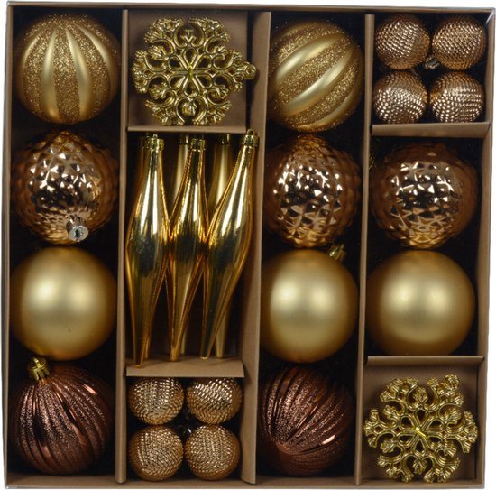 Decoris Kerstballen en ornamenten set -46-delig - bruin/goud -kunststof - kerstversiering
