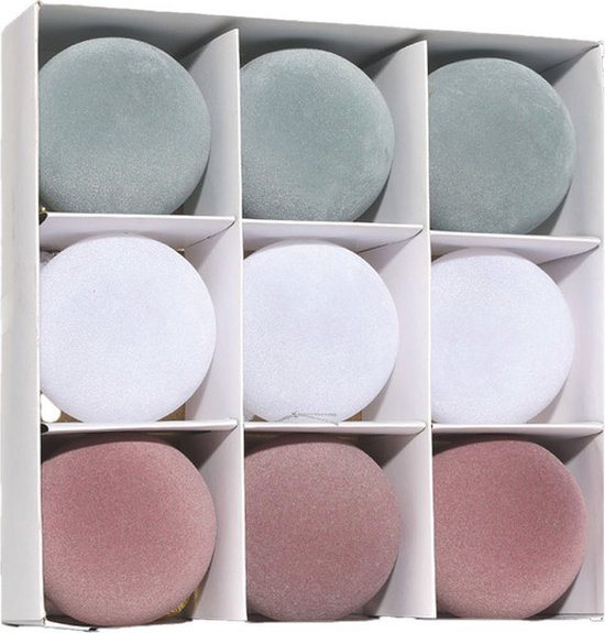 Fjesta© Velvet kerstballen - 8cm - Roze-Wit-Grijs - 9 stuks
