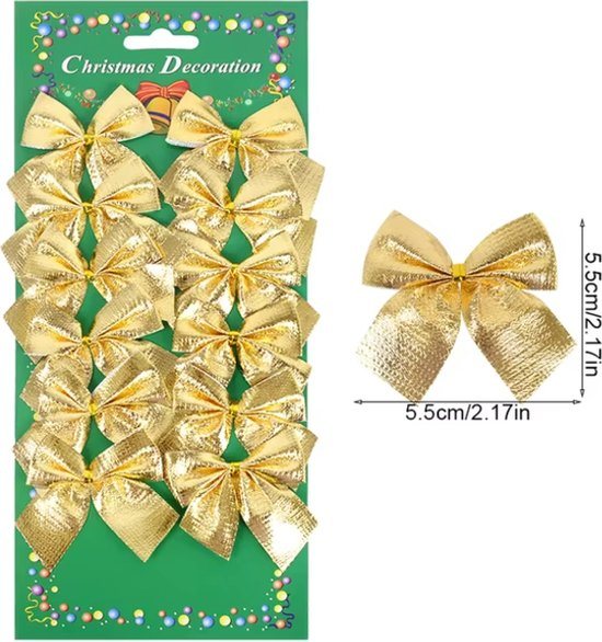 12 Stuks - Gouden Kerststrikken - 6 x 5.6 cm - Stof - Kerst Strikken - Kerstdecoratie - Kerstboom Decoratie - Kerstsfeer – Christmas