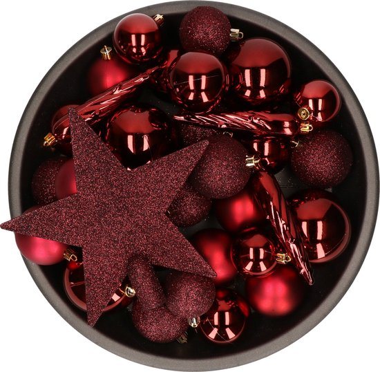 33x stuks kunststof kerstballen met ster piek rood 5-6-8 cm mix - Onbreekbare plastic kerstballen - Kerstboomversiering